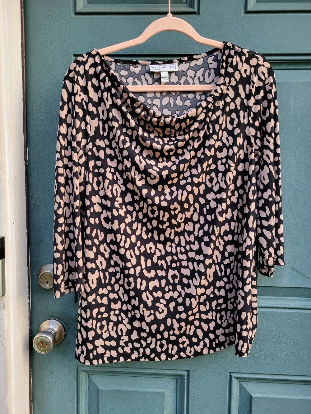 Dana Buchman Leopard Animal Print Cowl Ne C k Top Women'S L 3/4 Sleeve